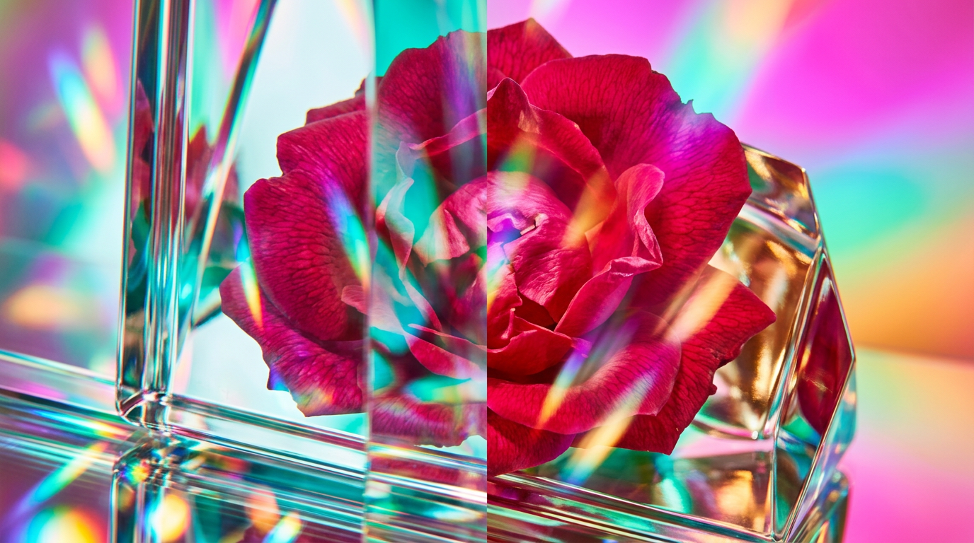 A collection of luxury perfume bottles in a sun-drenched garden setting