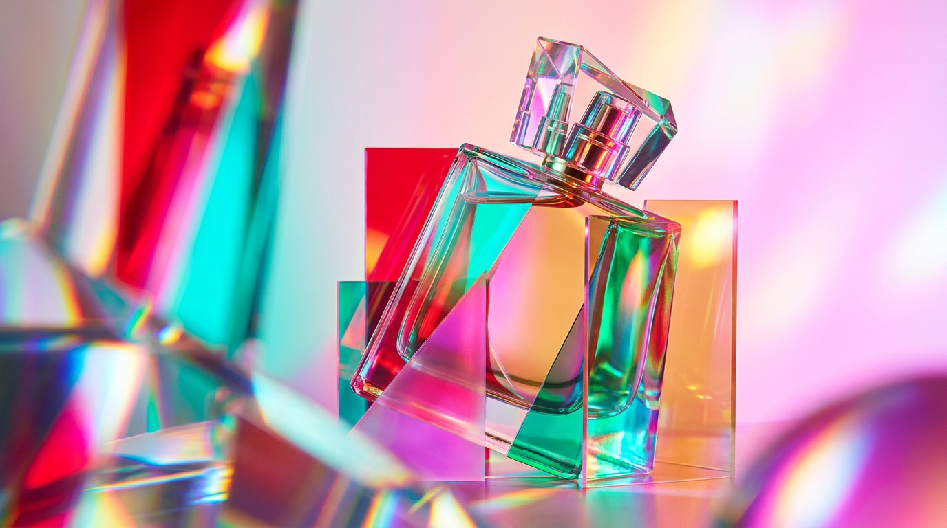 Confident evening atmosphere with luxury fragrance bottles