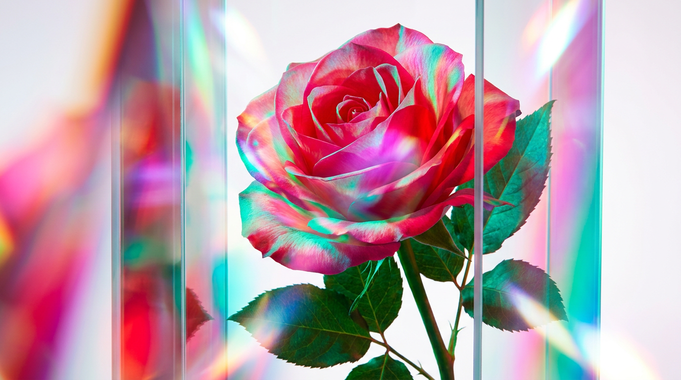 An artistic display of fresh roses and artisan perfume bottles representing the evolution of rose scents