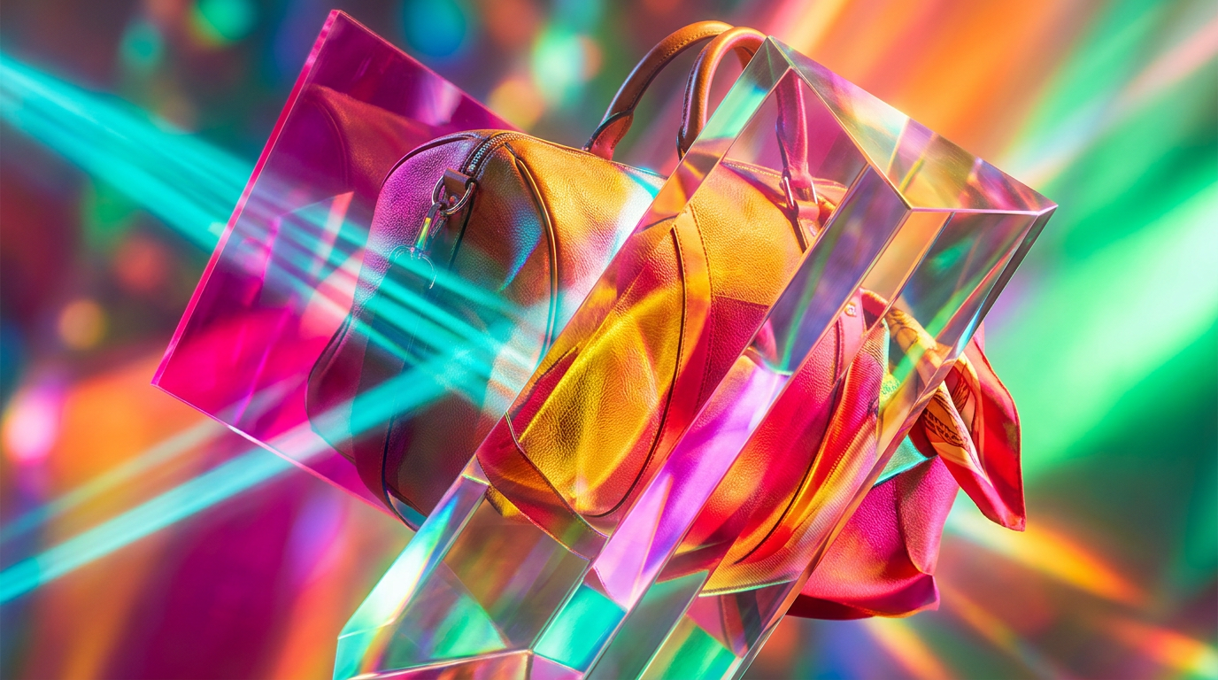 An aesthetic flat lay of a weekender bag, a camera, and a bottle of Shay & Blue perfume