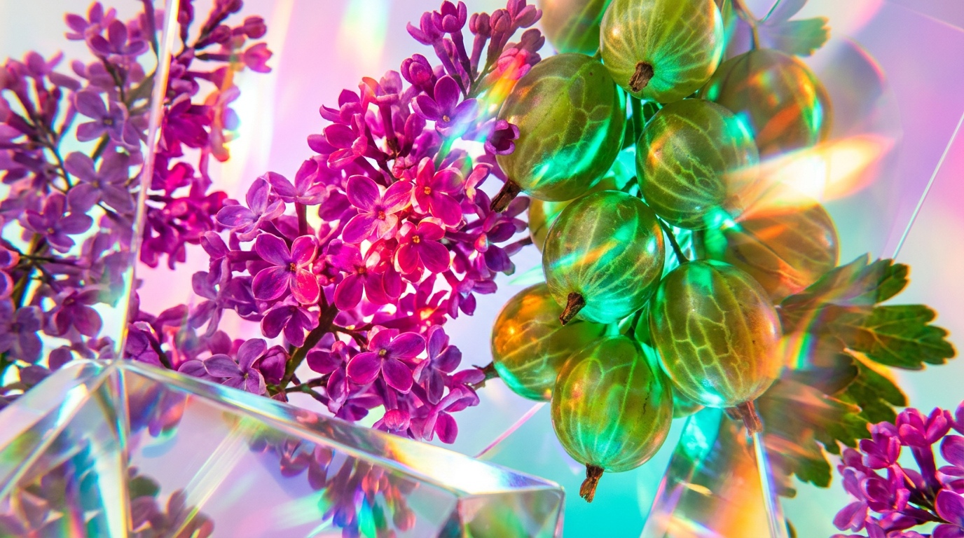 Elegant lilac and gooseberry fragrance flat lay