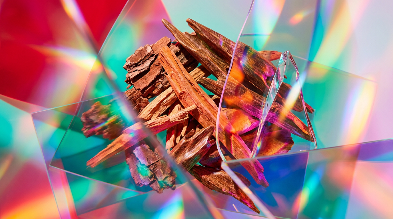 An artistic arrangement of wood bark, sandalwood sticks, and fragrance bottles representing woody scents