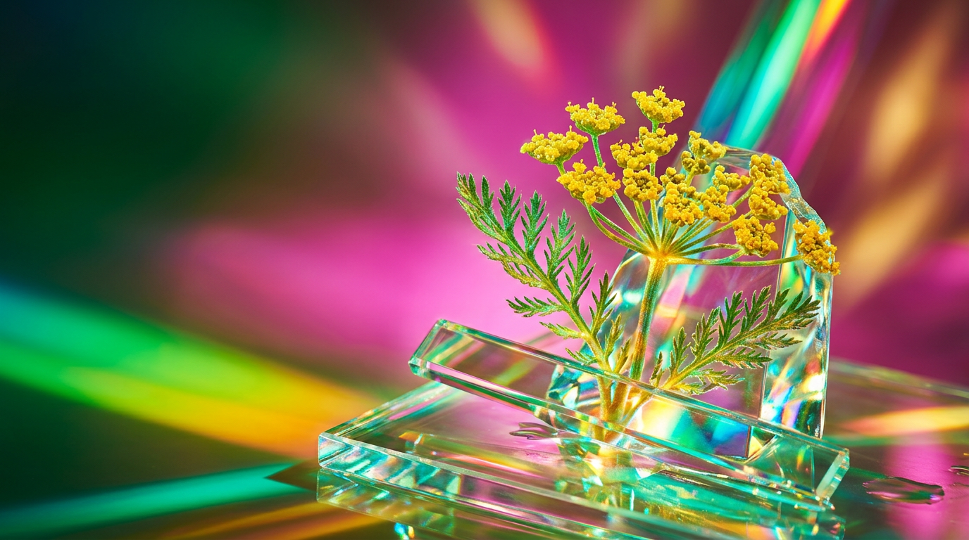 A dreamy, botanical representation of Davana flowers and lush greenery