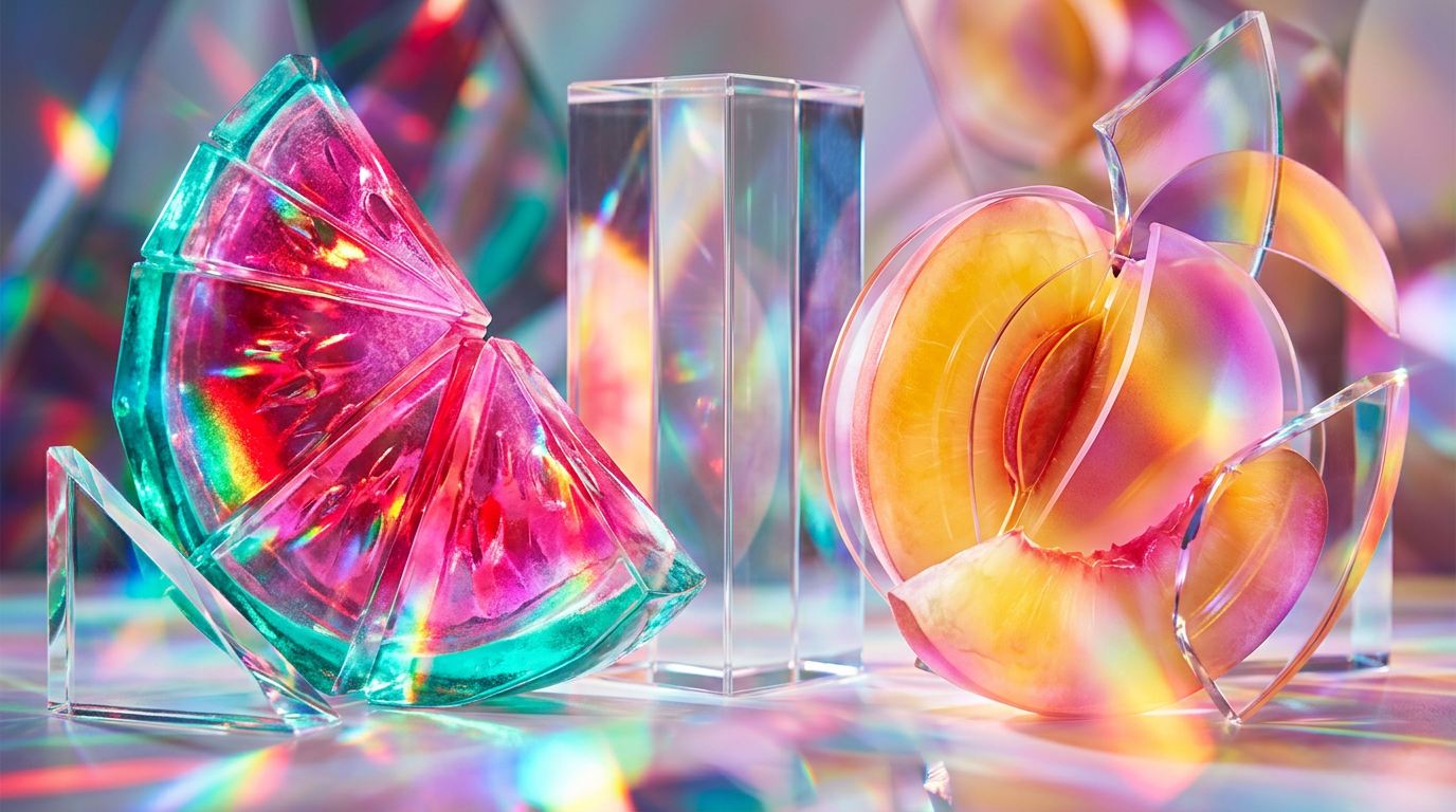 An artistic arrangement of fresh peaches and watermelons in a sunlit garden, representing fruity fragrance notes