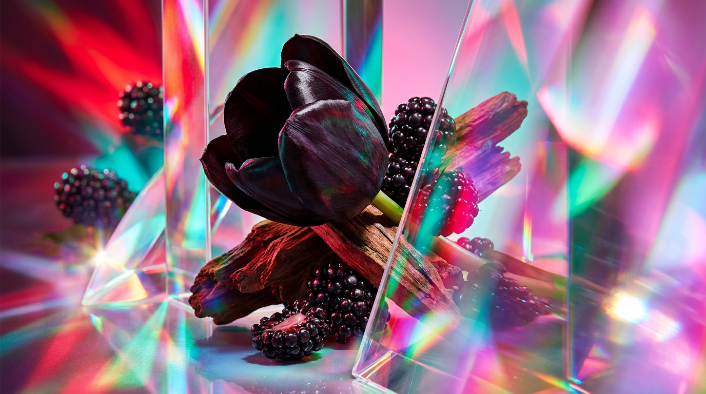 An atmospheric composition of dark florals and woody elements for evening fragrance layering