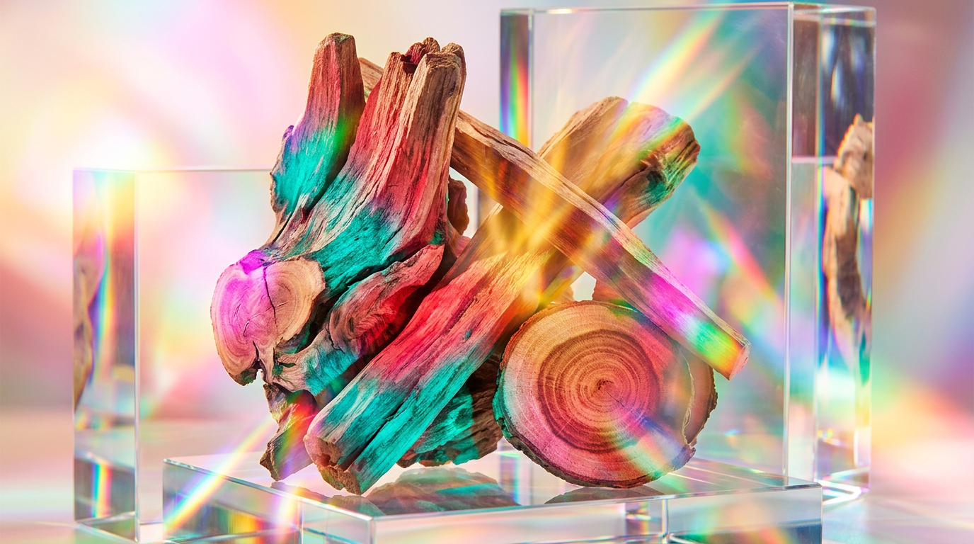 An artistic composition of sandalwood bark and essential oils