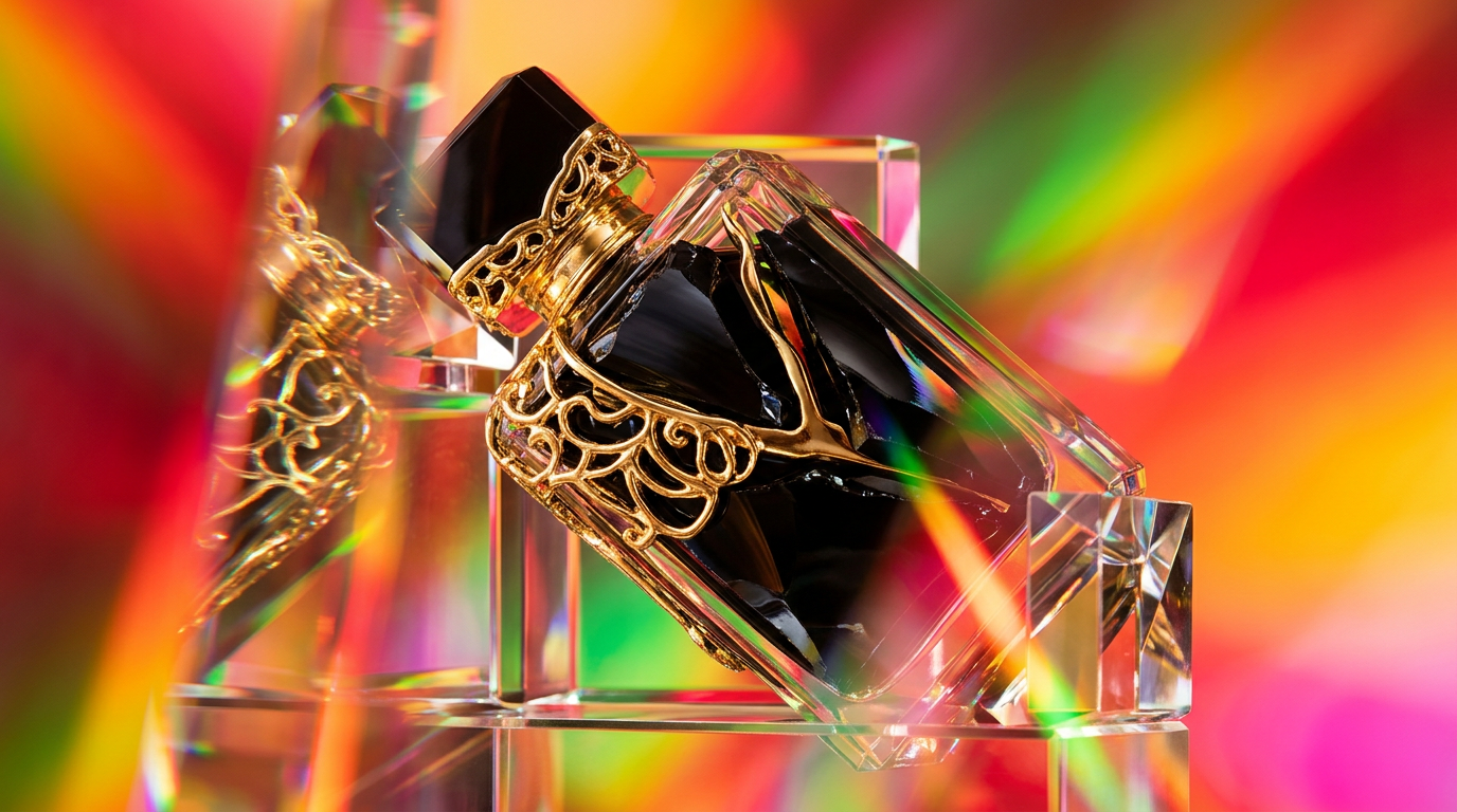 Luxury fragrance bottle on a dark reflective surface