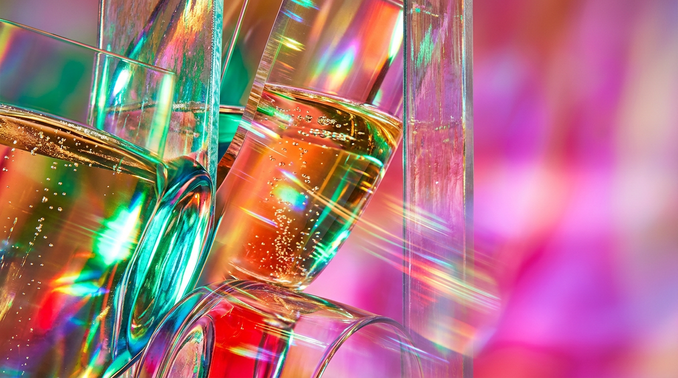 An elegant gold-toned scene of prosecco glasses and sparkling perfume bottles