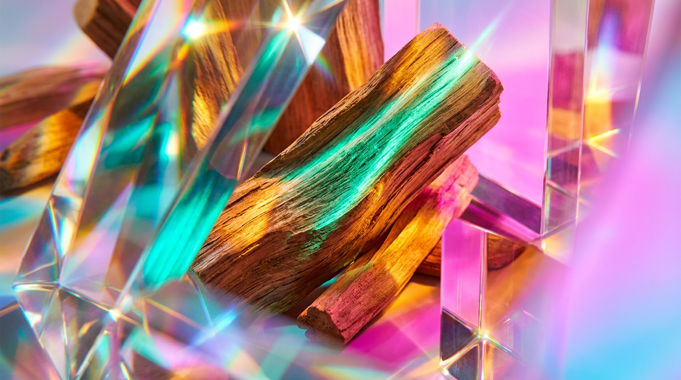 A collection of woody perfumes on a rustic wooden table surrounded by autumn leaves