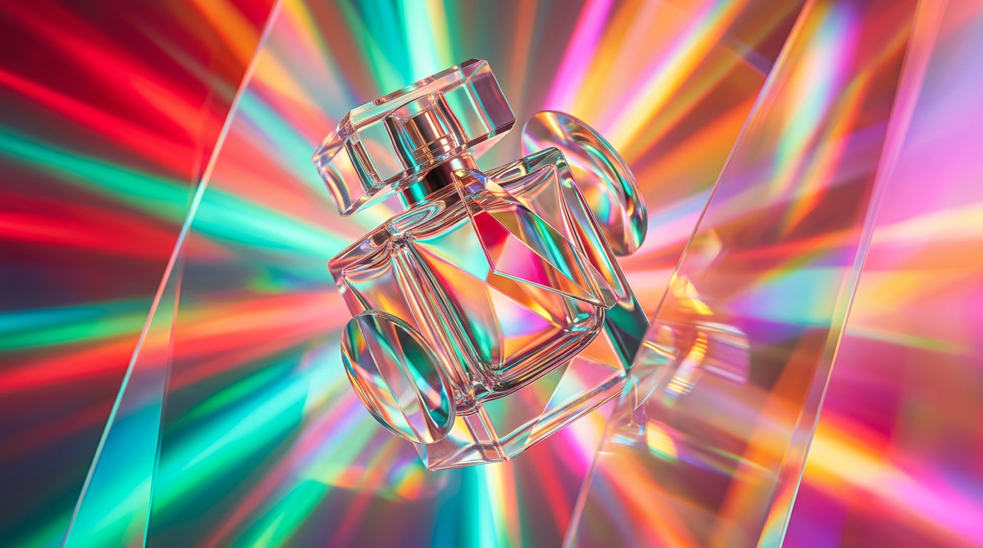 An artistic representation of fragrance molecules interacting with skin