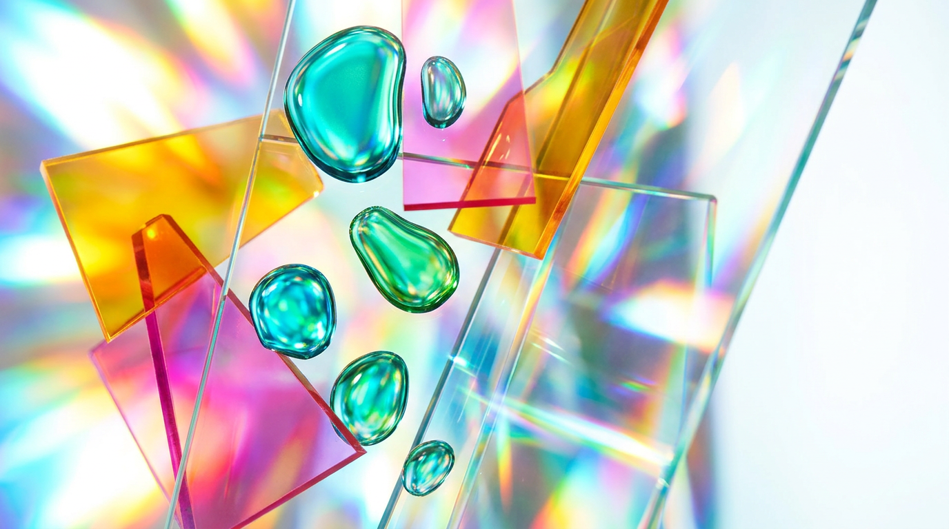 A fresh morning scene with dew on green leaves and a bottle of artisan perfume