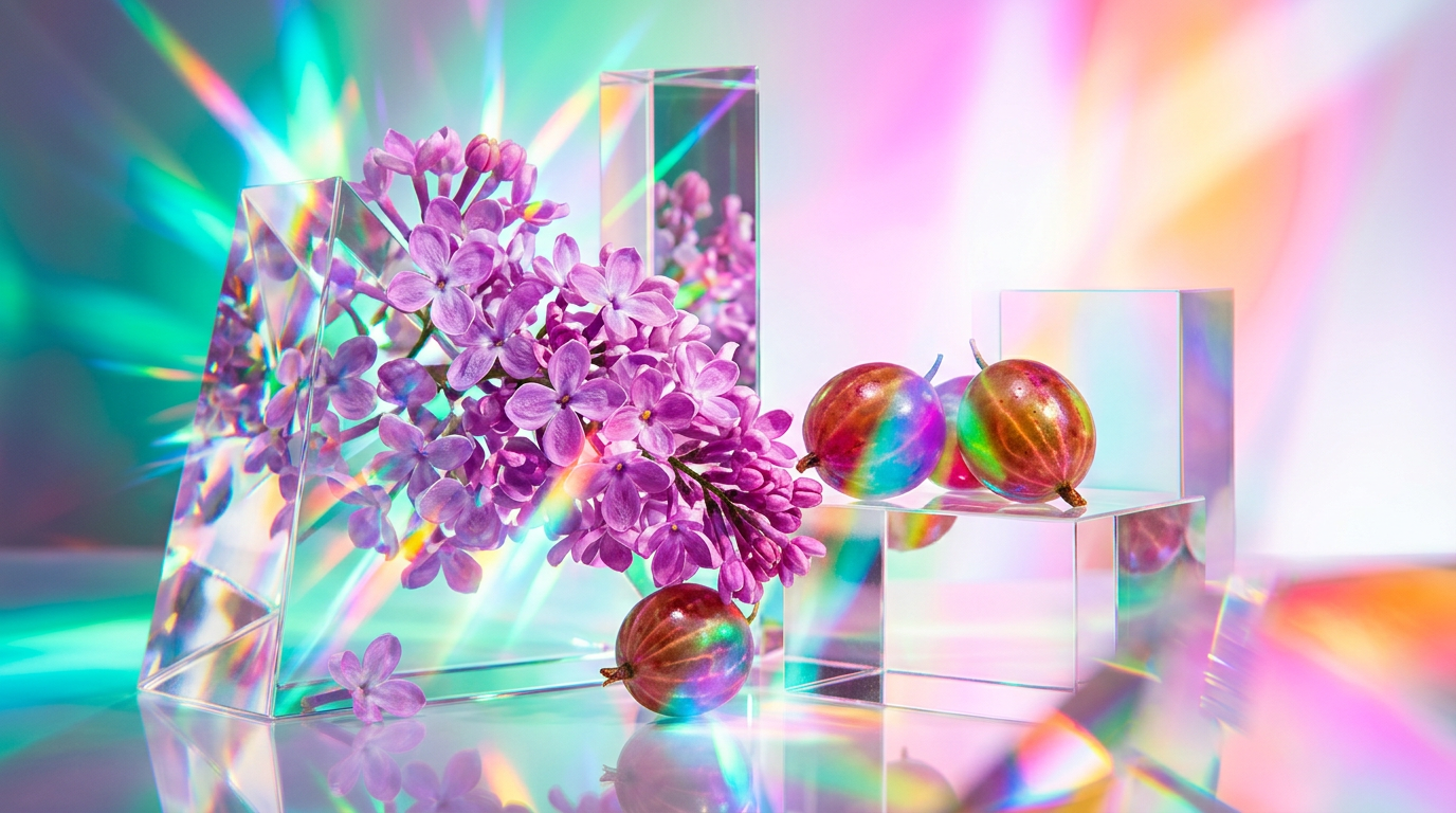 A dreamy arrangement of purple florals and tart berries representing the lilac and gooseberry aesthetic