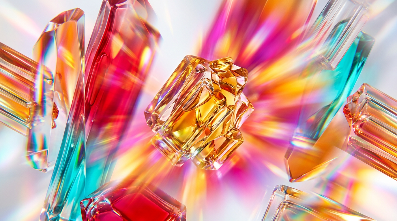 An artisanal display of warm fragrance ingredients like amber, vanilla, and dark wood