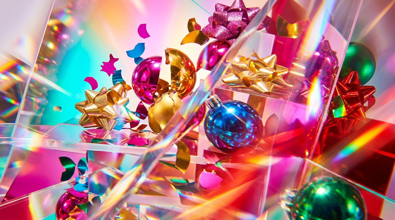 Festive perfume bottle surrounded by holiday gold and red decor