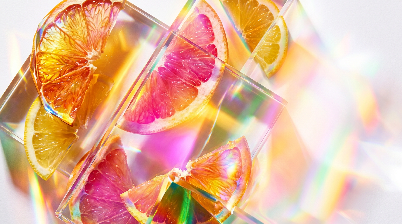 A bright morning scene with citrus fruits and perfume bottles