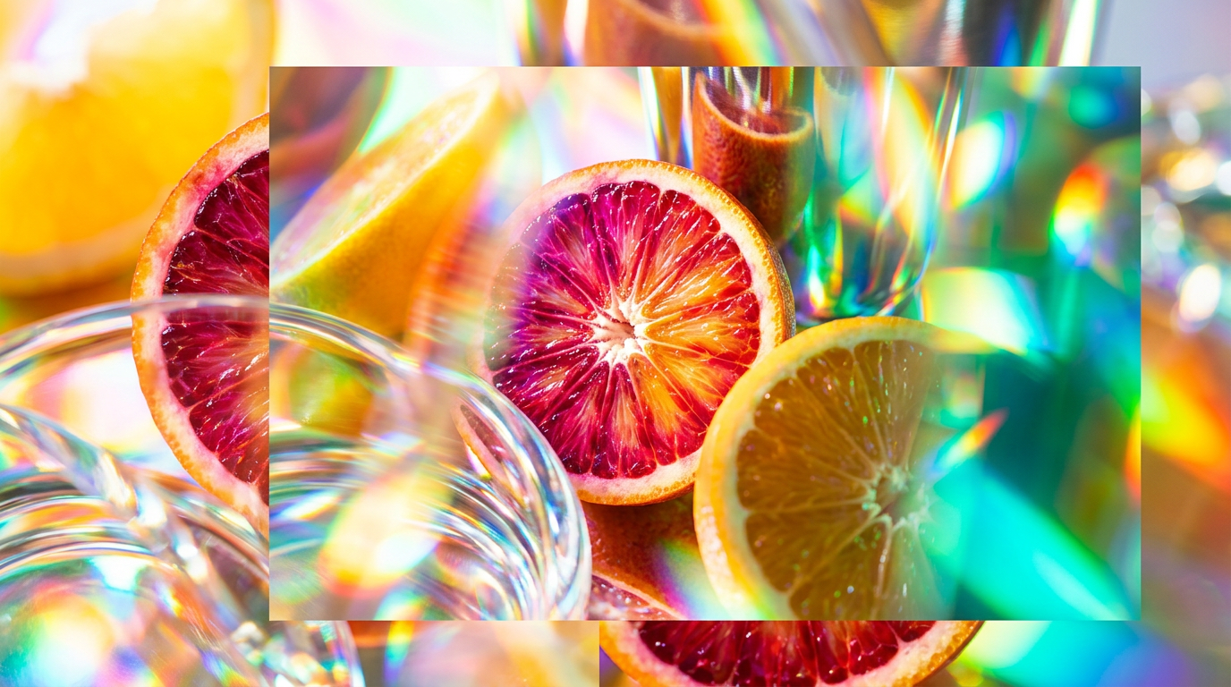 Citrus fragrance bottles on a sun-drenched table