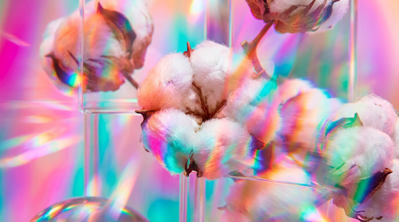 Soft cotton flowers and white linens representing a clean fragrance profile