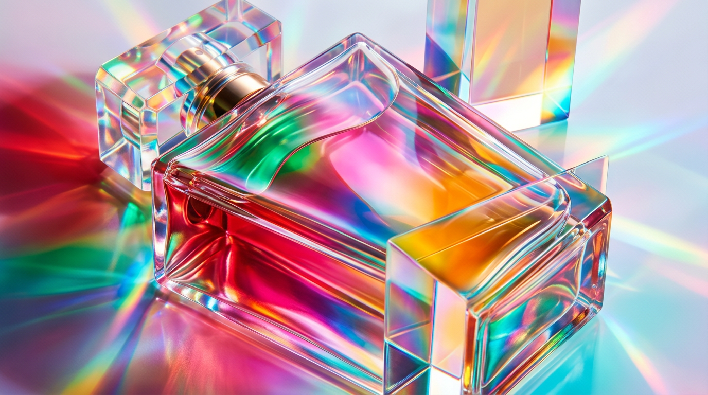 Luxury perfume bottle on a vanity reflecting morning light