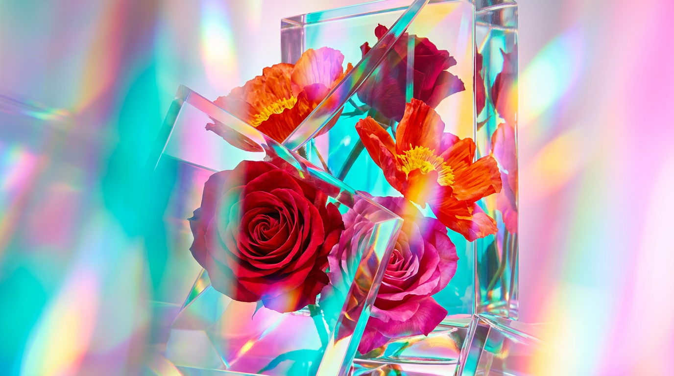 An edgy and artistic shot of dark florals and perfume bottles