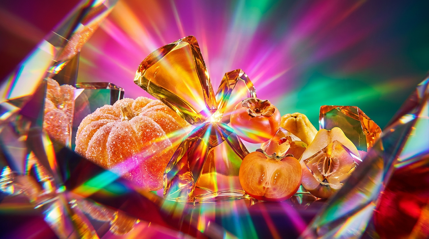 An autumnal harvest scene with warm fragrance bottles nestled among fall leaves and fruits