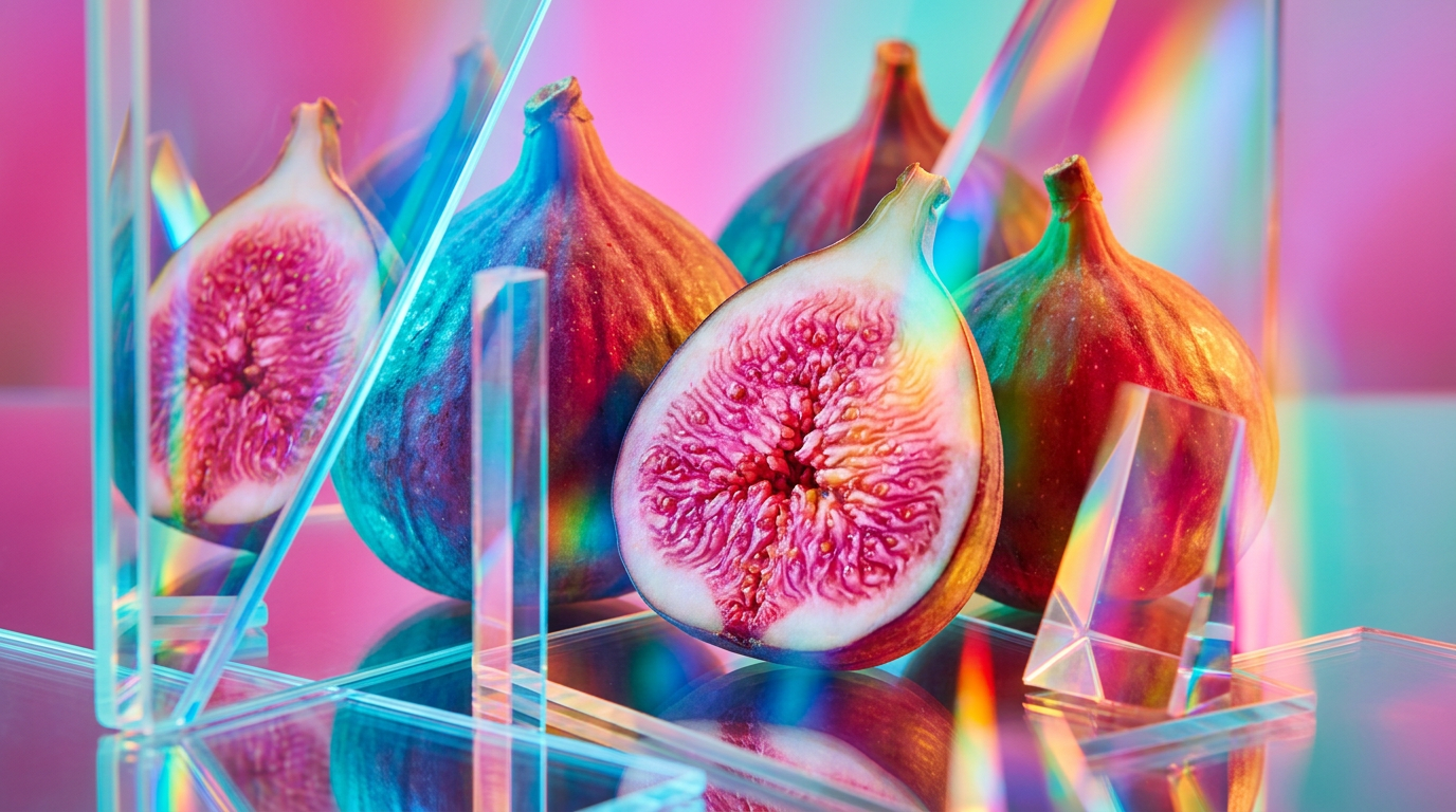 Fresh figs and green leaves representing the multifaceted scent profile of fig in fragrance