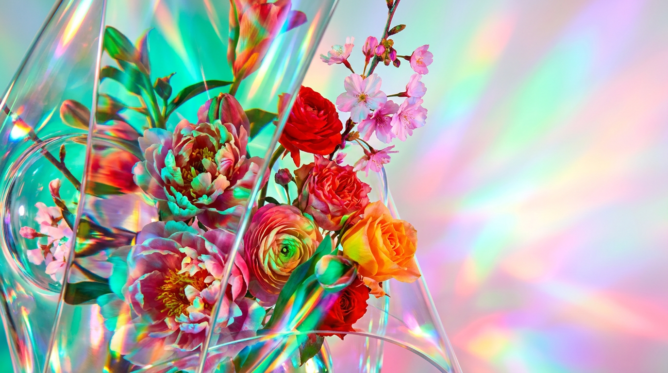 Fresh spring flowers and artisanal perfume bottles in soft morning light