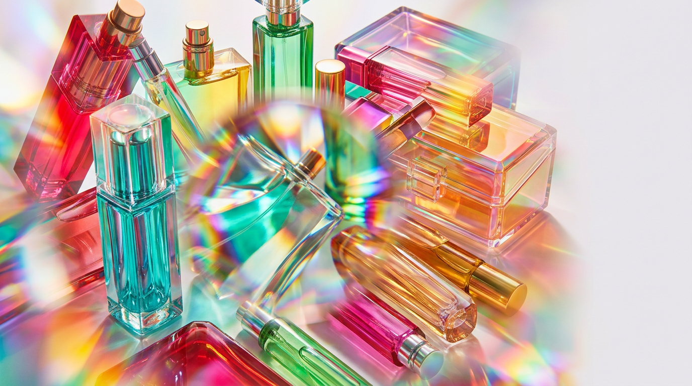 An array of boutique 10ml travel perfumes on a marble surface with a leather passport holder