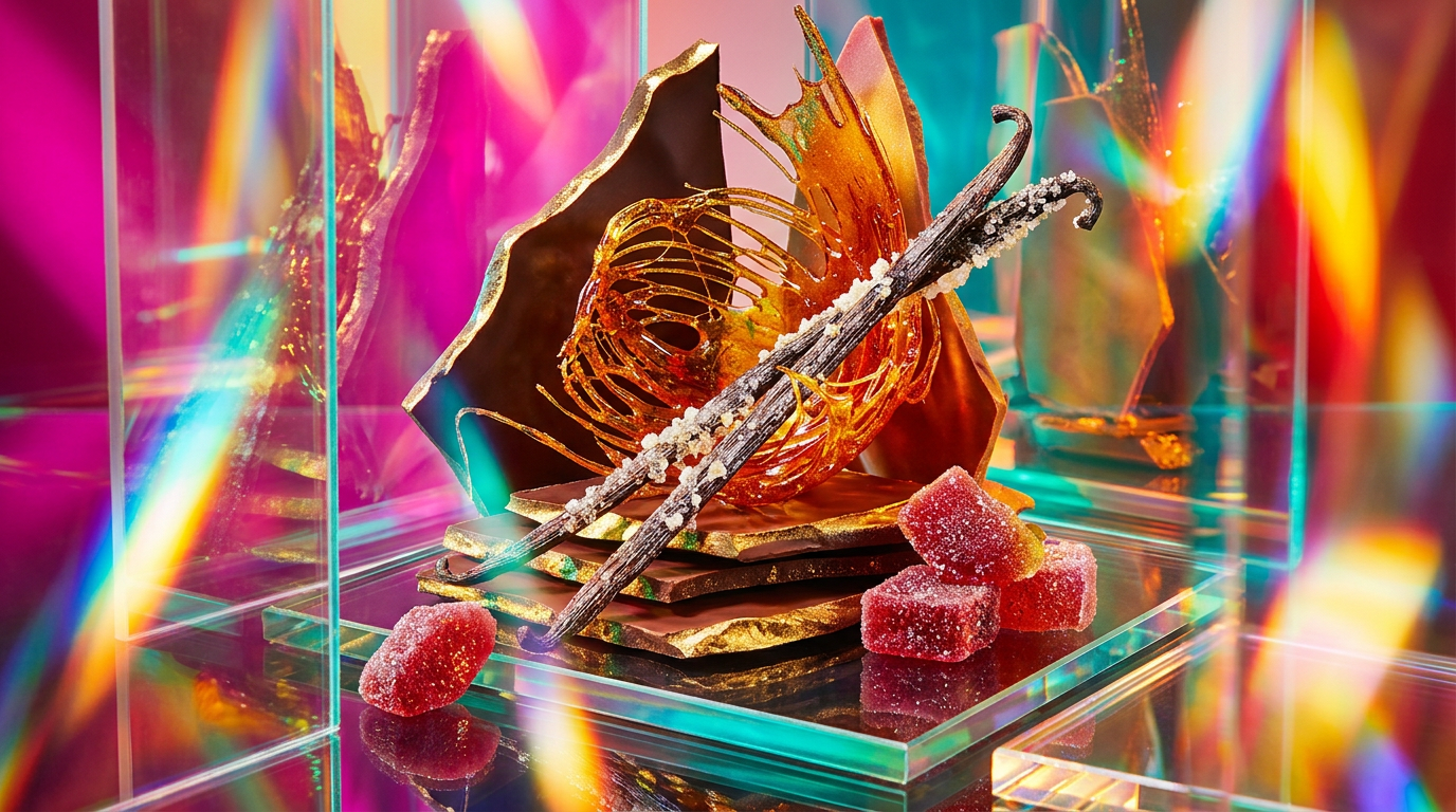 Indulgent gourmand perfumes on a velvet backdrop