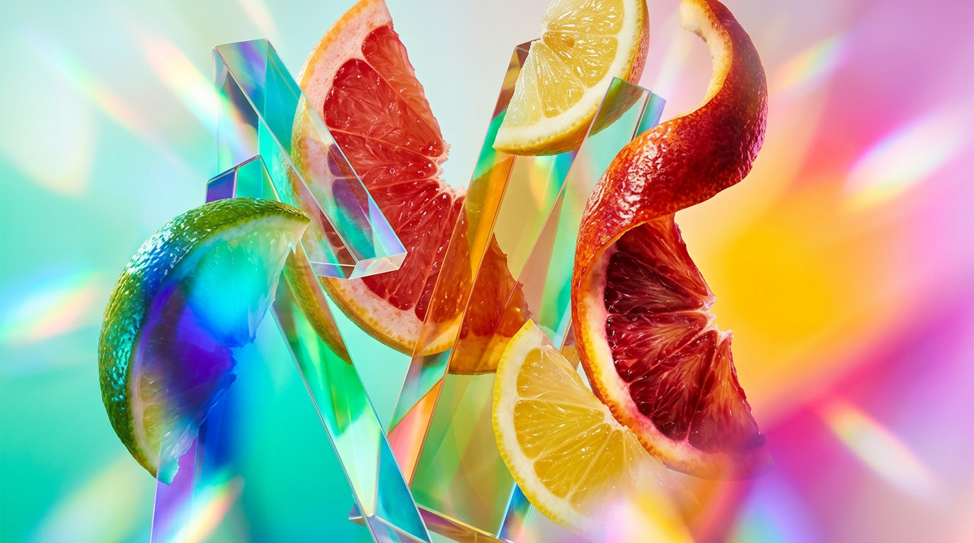 An array of fresh citrus fruits and elegant perfume bottles