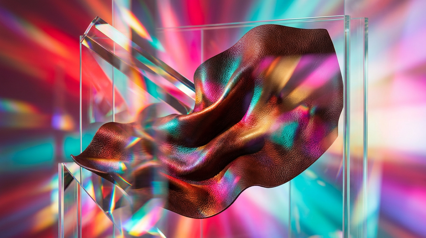 An artistic representation of leather and dark woods in a luxury fragrance setting