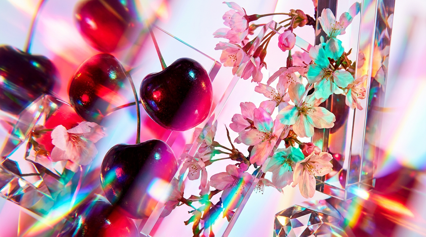 An artistic glass bottle of perfume surrounded by dark cherries and soft pink blossom petals