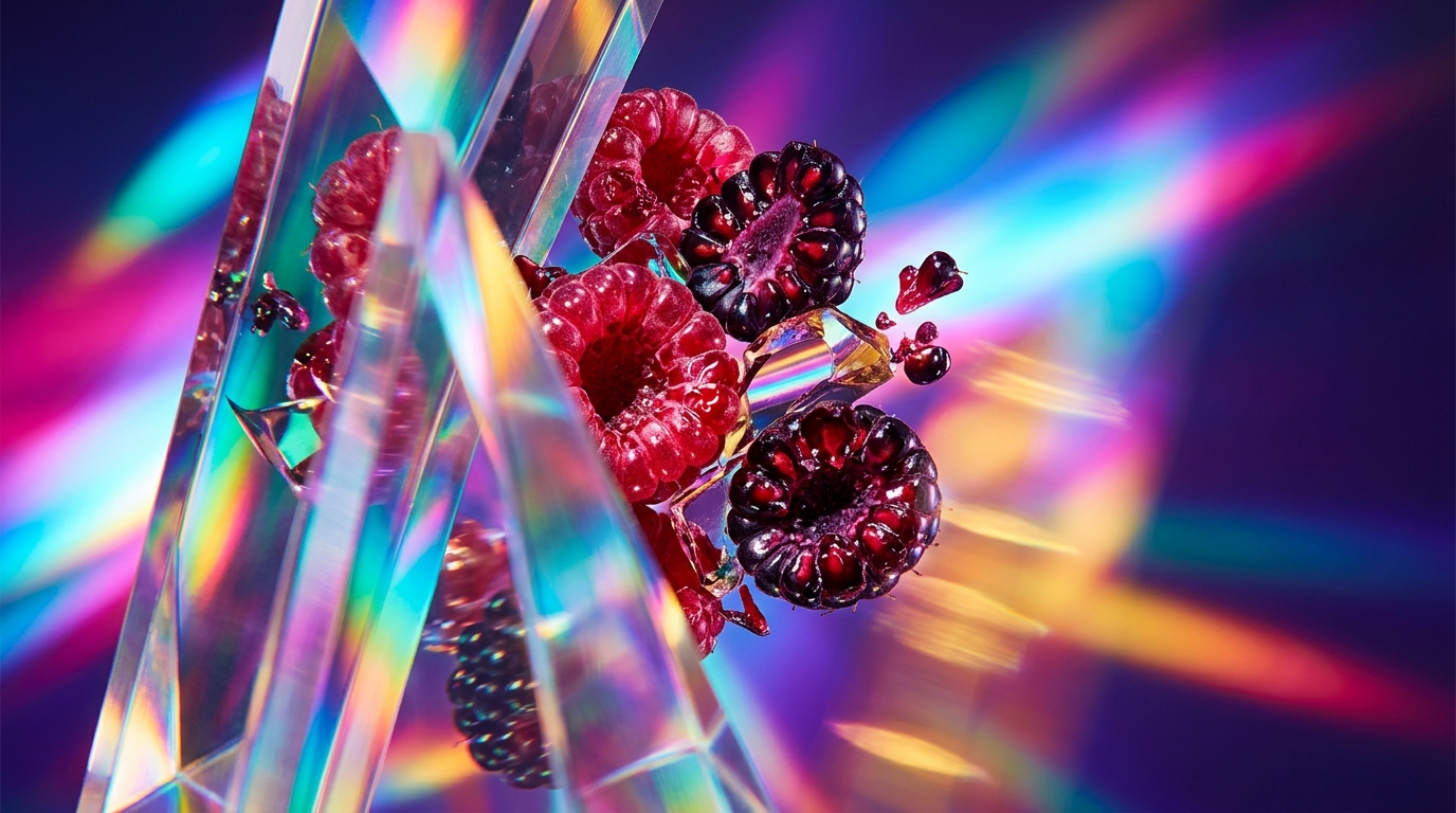 A moody bottle of perfume surrounded by dark berries and forest foliage