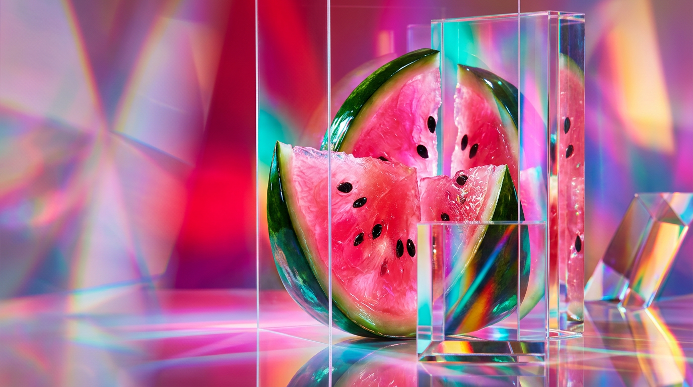 Refreshing watermelon slices and a perfume bottle on a sun-drenched table