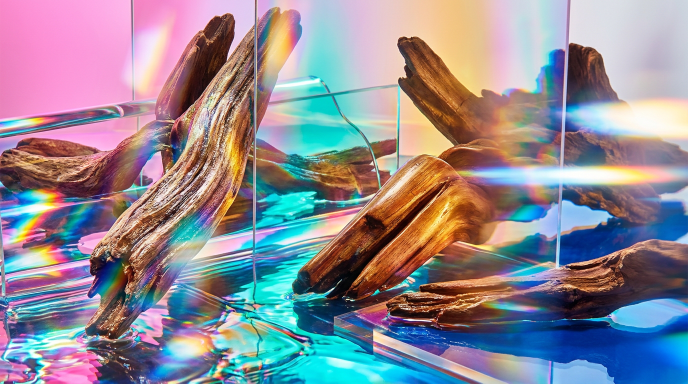 A serene coastal landscape with rocky shores and turquoise water, representing aquatic and woody fragrance notes.