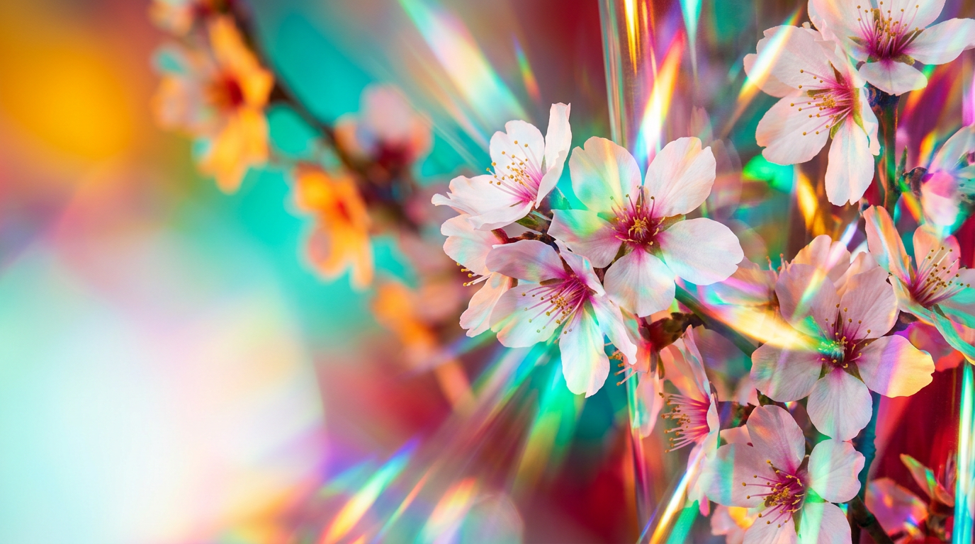 A beautiful spray of white and pink almond blossoms representing the delicate scent profile in perfumery