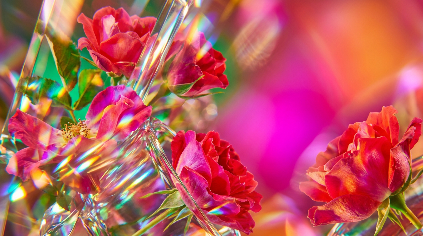 A beautiful arrangement of wild roses and delicate fragrance bottles