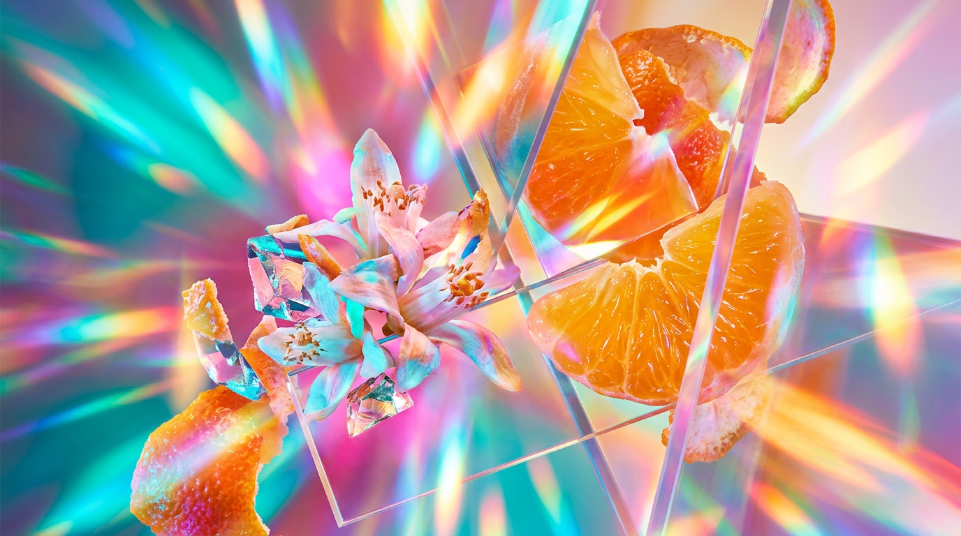 A vibrant citrus grove with mandarin oranges and delicate white blossoms under a clear blue sky