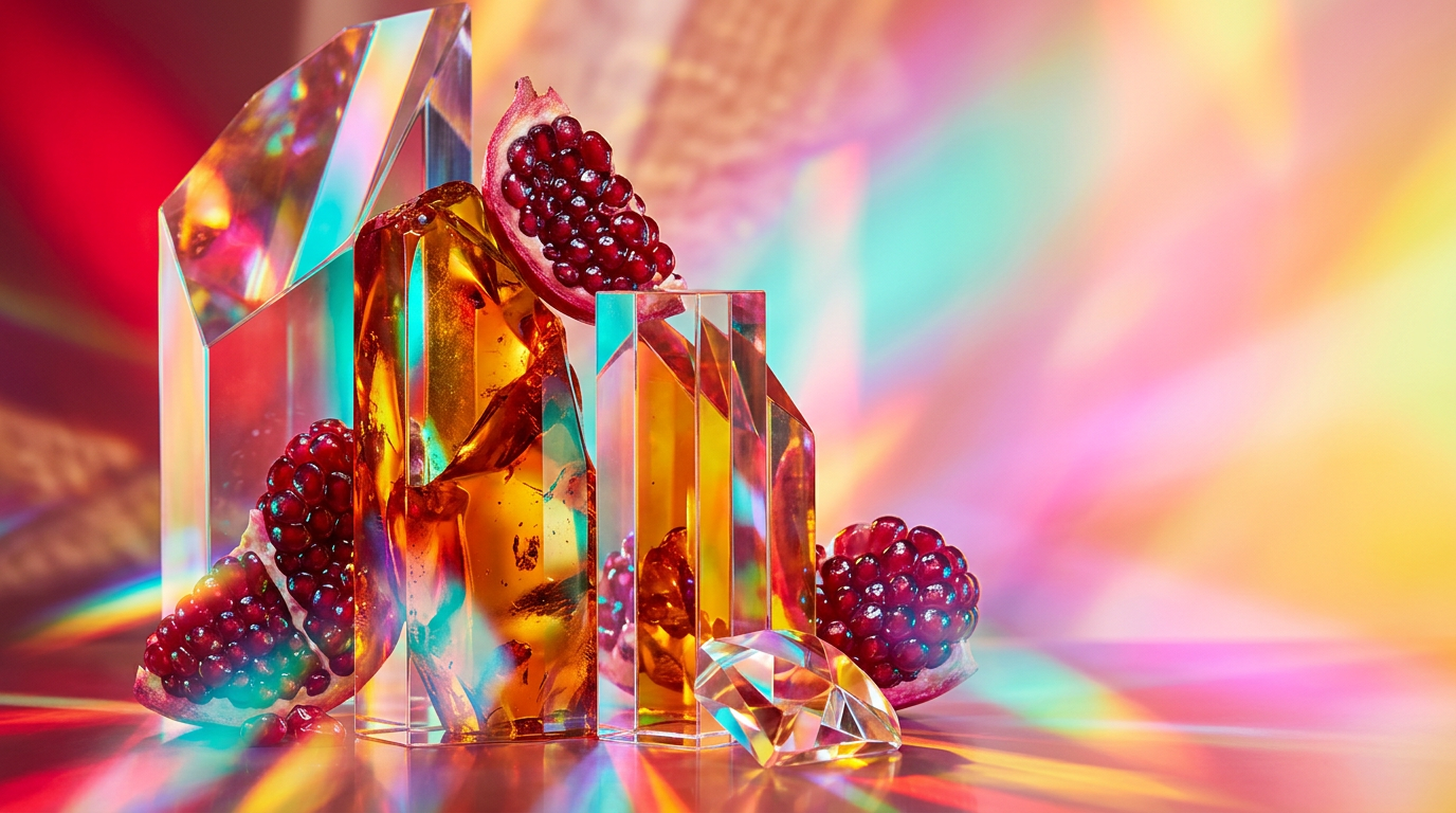 Dark and mysterious perfume bottle surrounded by pomegranates and amber resin