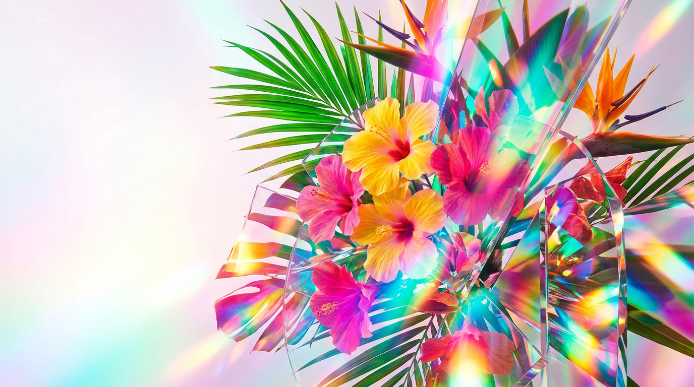 A tropical beach setting with turquoise water and palm leaves, evoking a vacation atmosphere