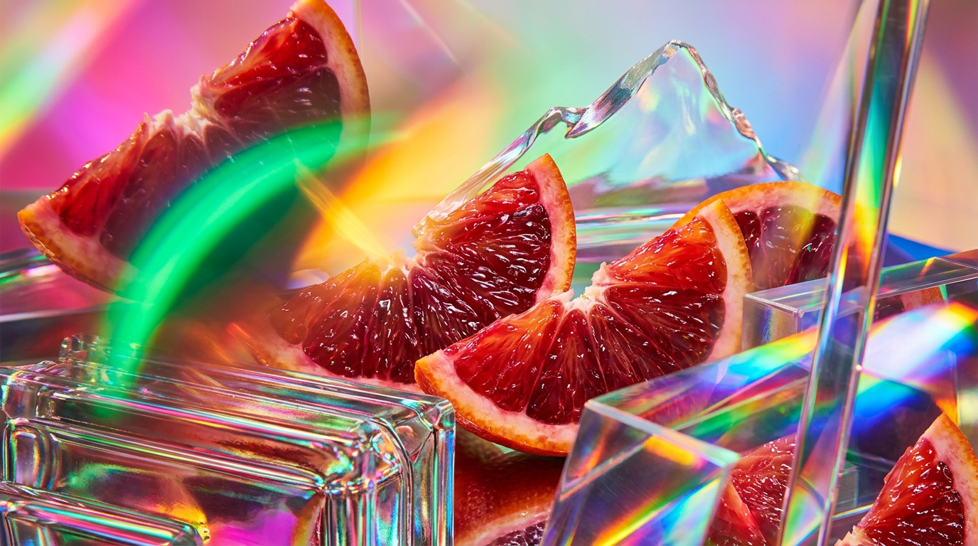 A collection of vibrant citrus fruits and luxury perfume bottles on a travel-themed backdrop