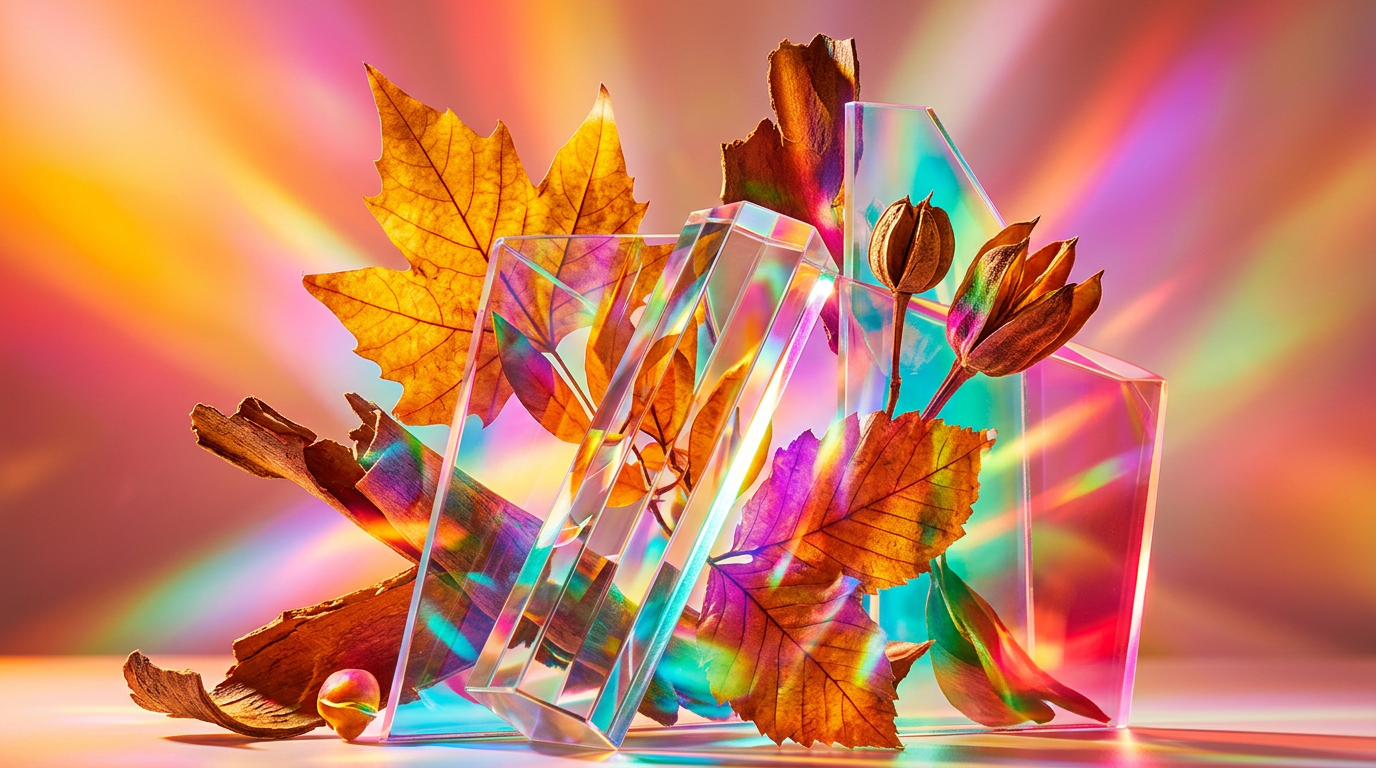 An autumnal setting with falling leaves and warm lighting reflecting a cozy perfume aesthetic