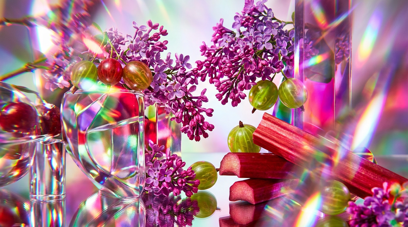 A beautiful arrangement of spring florals including lilacs and fresh berries in a bright setting