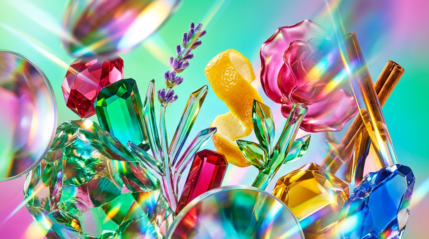An elegant display of fragrance ingredients and botanical elements representing Linalool and Limonene