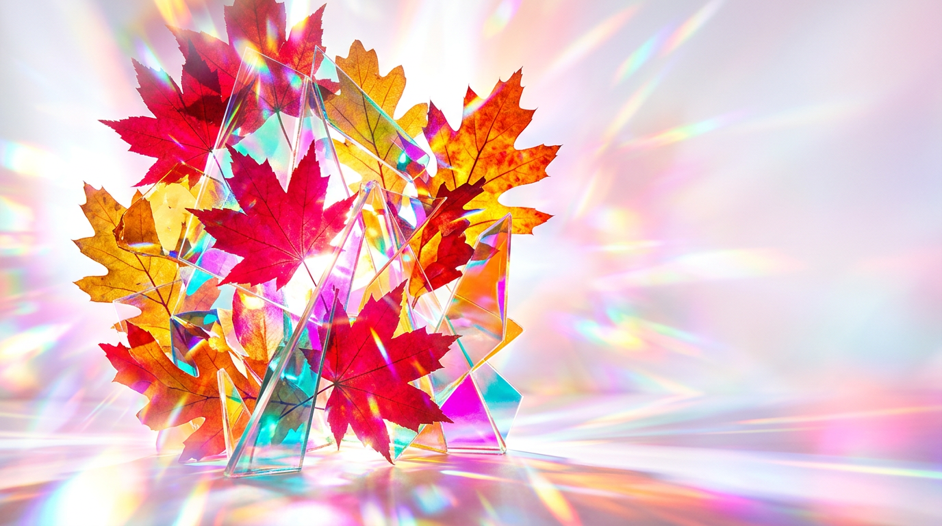 Crisp autumn leaves and a bottle of luxury perfume on a wooden bench