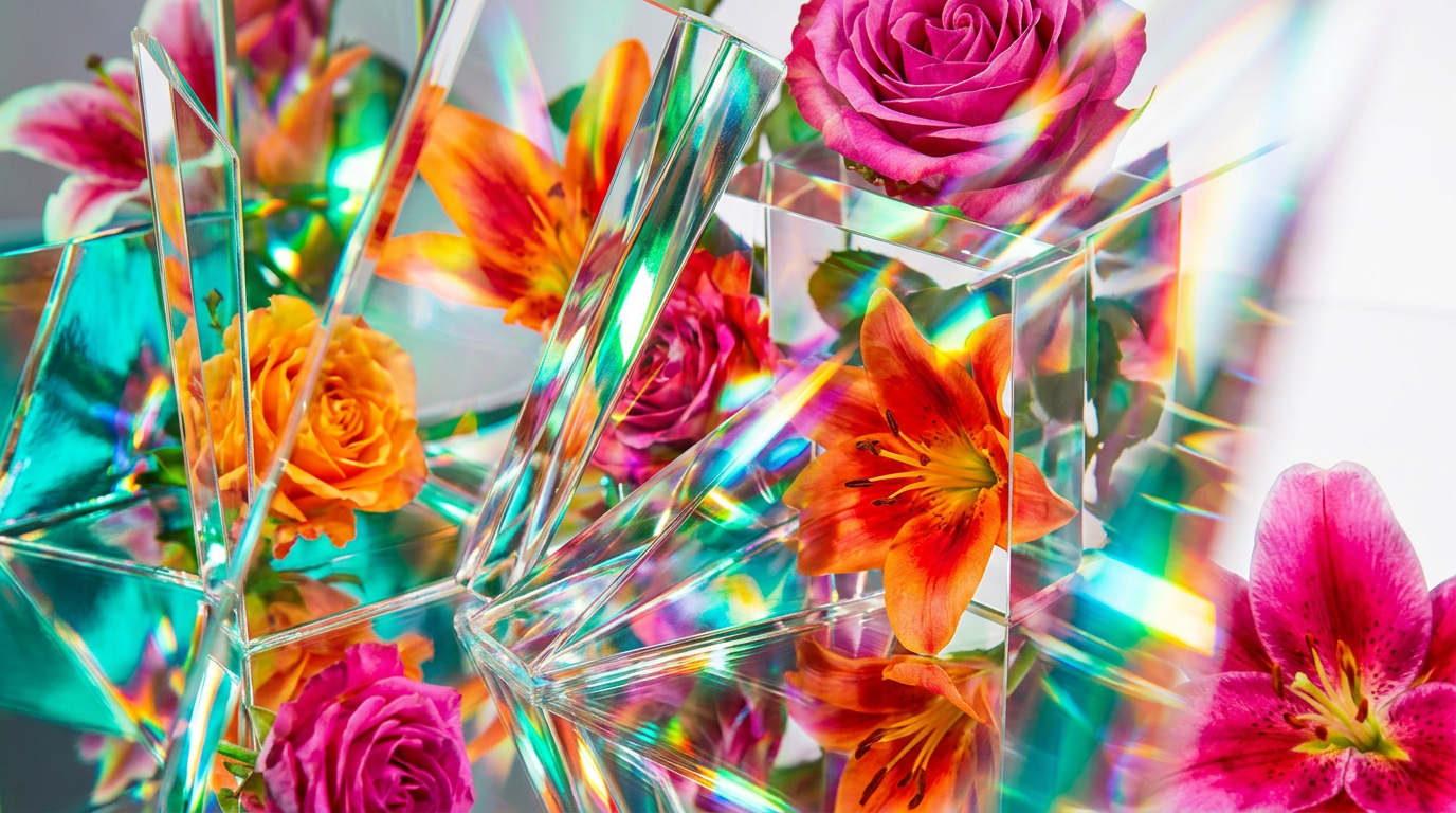 An artistic workspace with botanical elements and perfume bottles