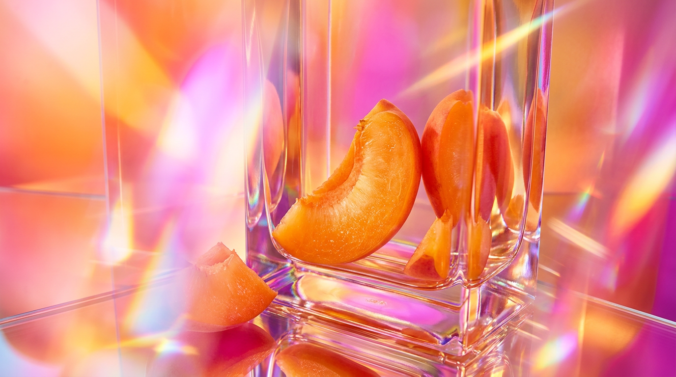 Fresh apricots and perfume bottles on a wooden table