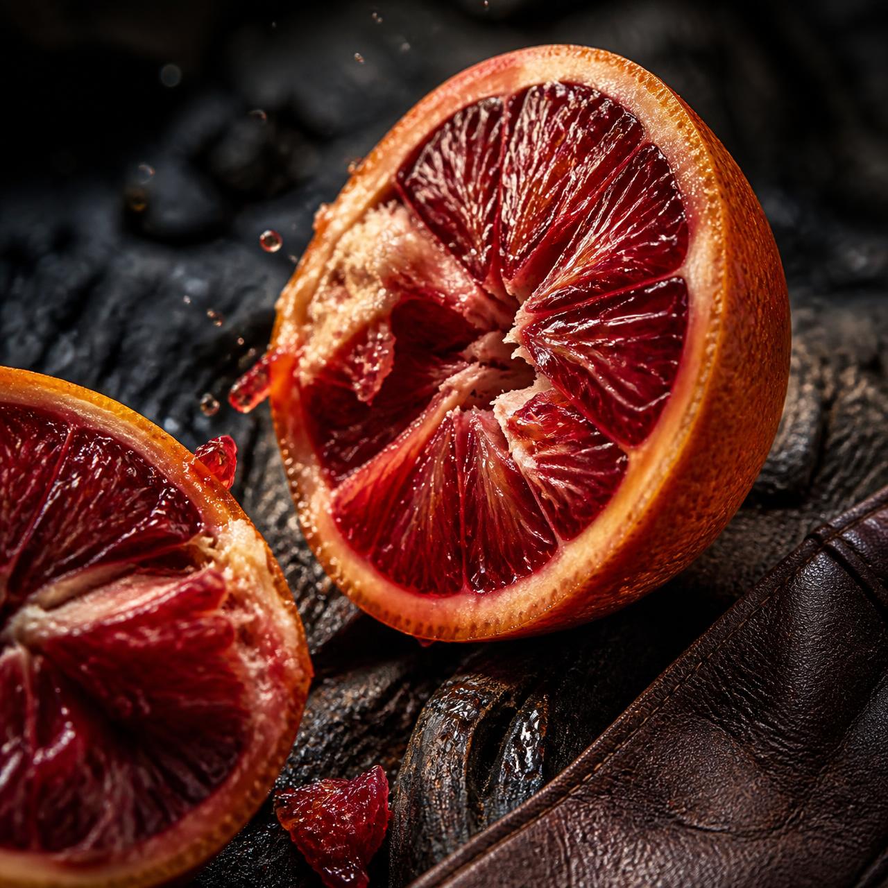 Macro study of torn blood orange pulp on charred wood and leather — the ingredients behind Blood Oranges