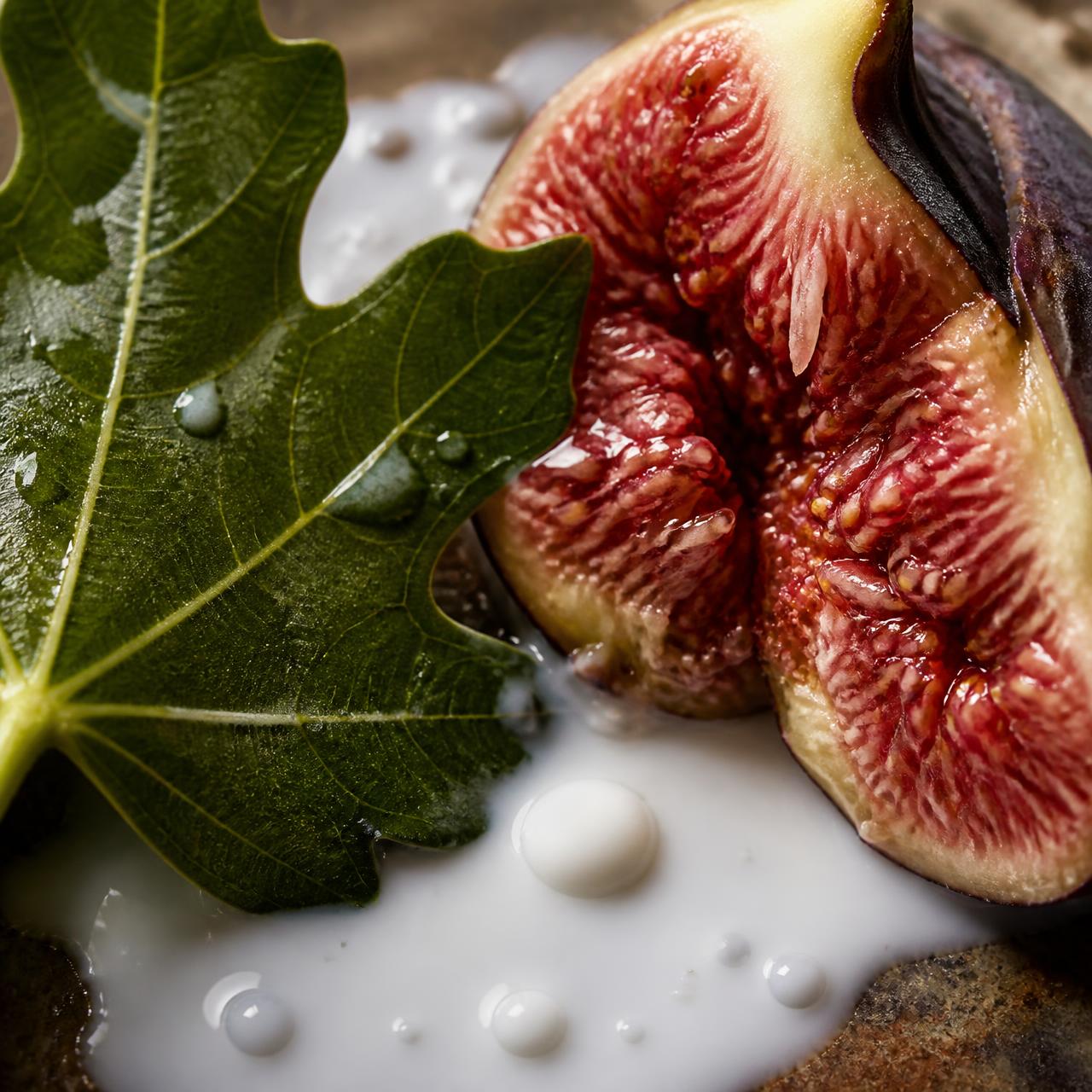 Macro study of a split purple fig, waxy fig leaf and coconut milk — the ingredients behind Coconut Fig Leaf