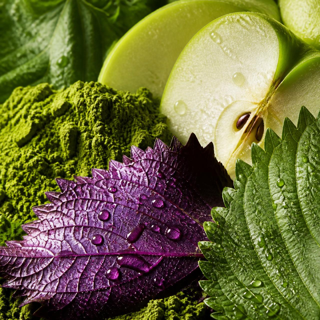 Macro study of matcha powder, sliced green apple, shiso and violet leaf — the ingredients behind Matcha