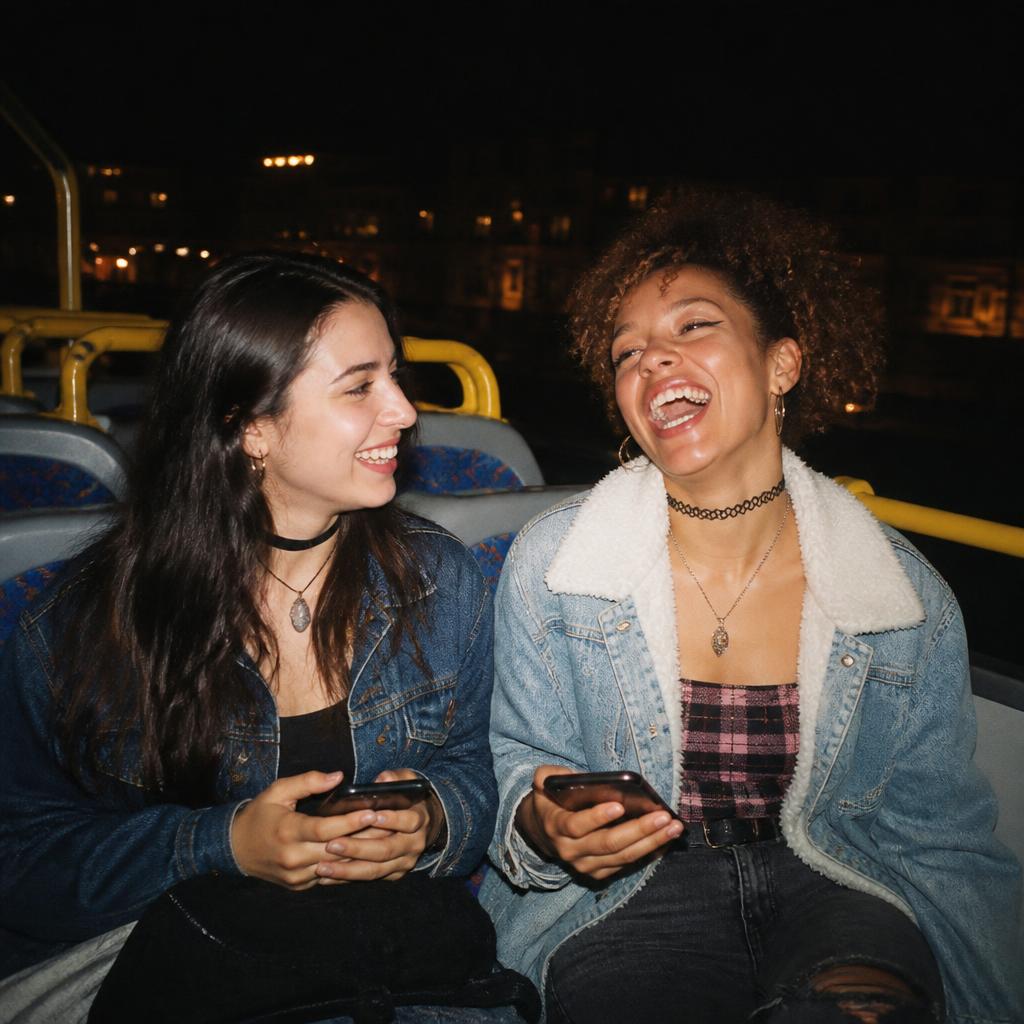 Two friends laughing on the top deck of a night bus, lit by a phone flash